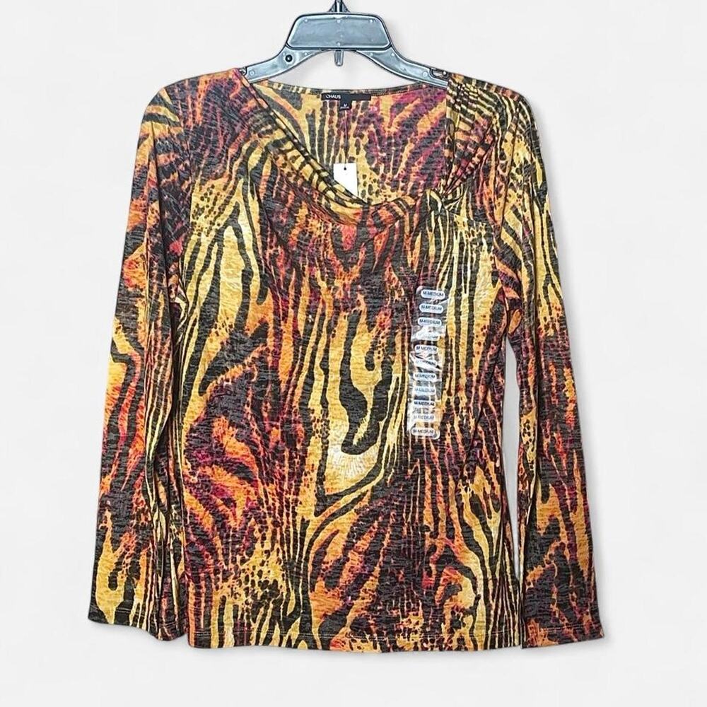 Chaus Orange Yellow Tiger Zebra Print Cowl Neck Long Sleeve Top – Size M